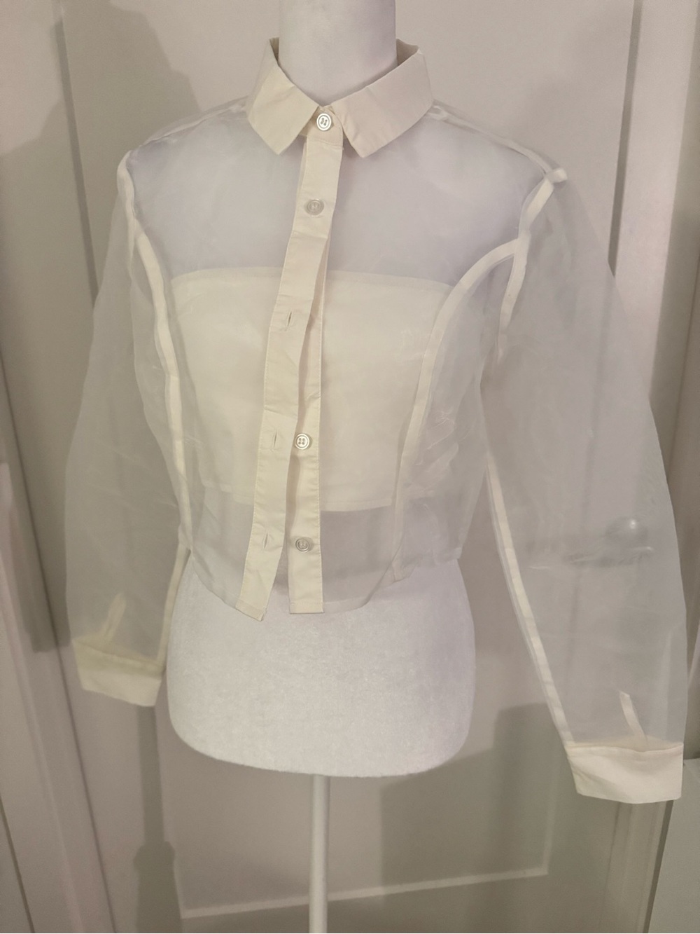 superdown Sheer Ivory Button-Up Collared Blouse